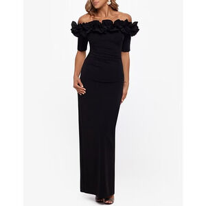 Xscape NWOT Ruffled Off-the-Shoulder Short Sleeve Crepe Column Black Gown 16
